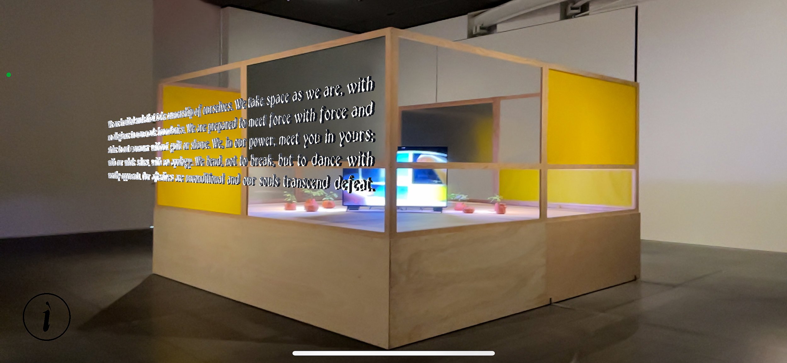  Caroline Garcia,  The Headless Headhunt , 2021, Polycarbonate acrylic, ballistic textile, wood, metal, red stoneware, strophanthus caudatus (twisted-cord flower), LED grow lights, video (6 miutes, color, sound), audio, vinyl stickers, augmented real