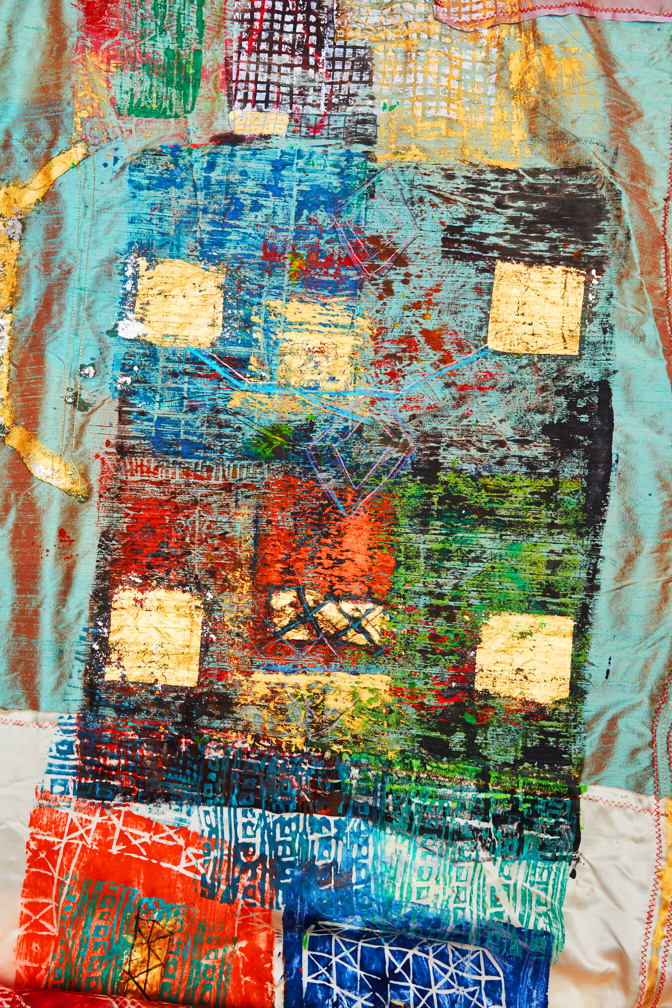 Landscape of My Body (Front, detail), Acrylic, metallic stitching, silver and gold leaf on silk, 12’11” x 44”