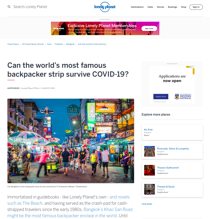 Text: “ Can the world’s most famous backpacker strip survive COVID-19? ” Lonely Planet