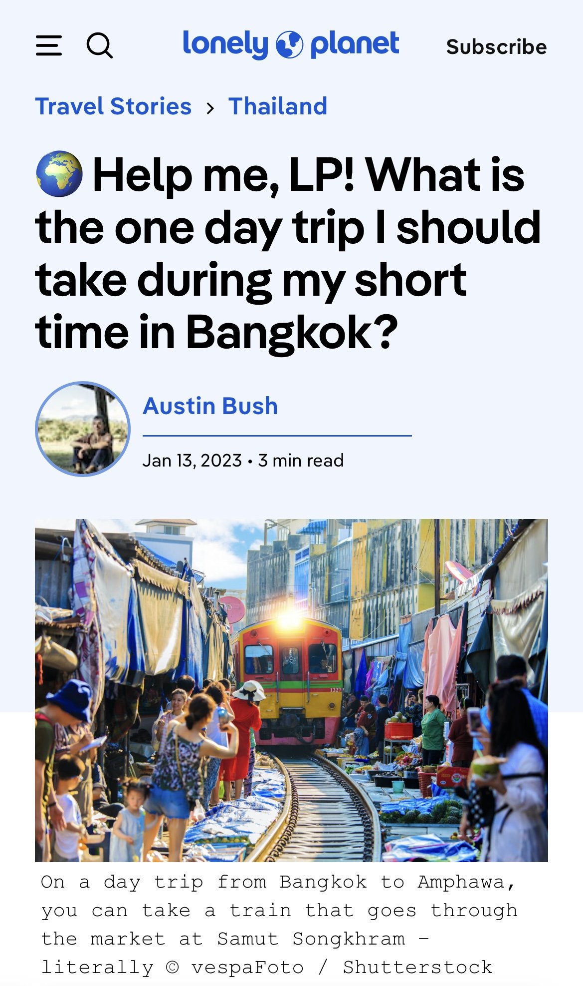 Text: “ Help me, LP! What is the one day trip I should take during my short time in Bangkok ?” Lonely Planet