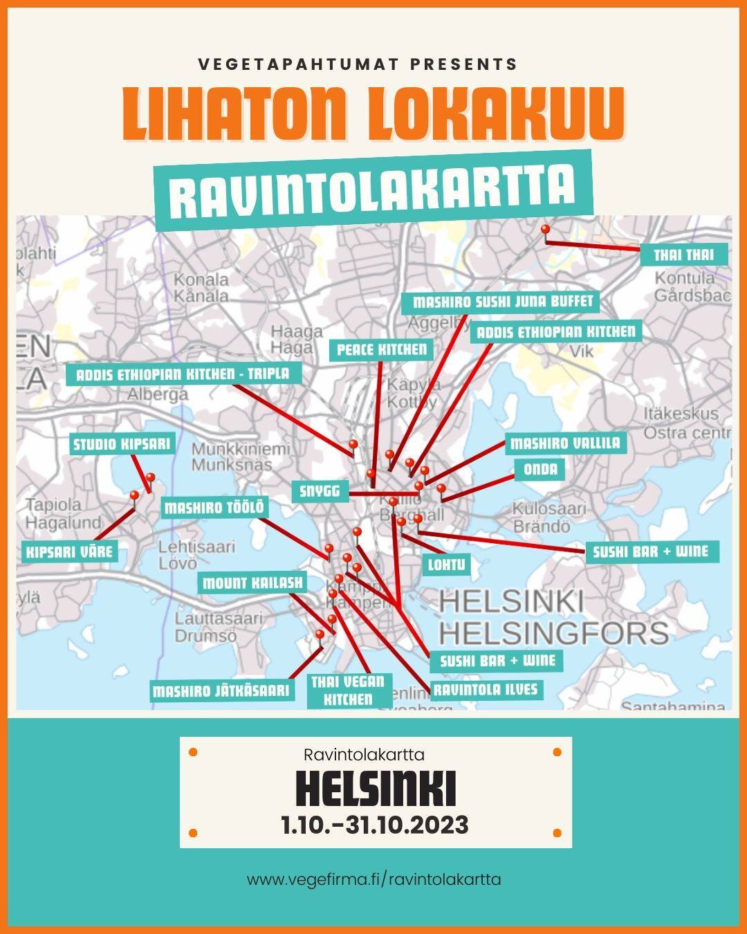 Vegetapahtumat on lokakuussa julkaissut ensimm&auml;ist&auml; kertaa Lihaton Lokakuu &ndash; Ravintolakartan, johon on koottu Helsingin kiinnostavimpia vegeannoksia tarjoavia ravintoloita ja heid&auml;n kampanja-annoksiaan. Ravintoloita kierrell&auml