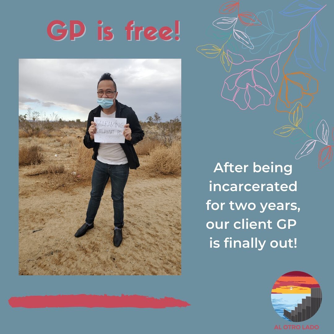 After having been incarcerated for two years, our client GP, who is from the Philippines, is finally free! He got out just in time to surprise his mom on her birthday! Best gift ever! 

The sign translates to: &ldquo;Thank you so much Al Otro Lado.&r