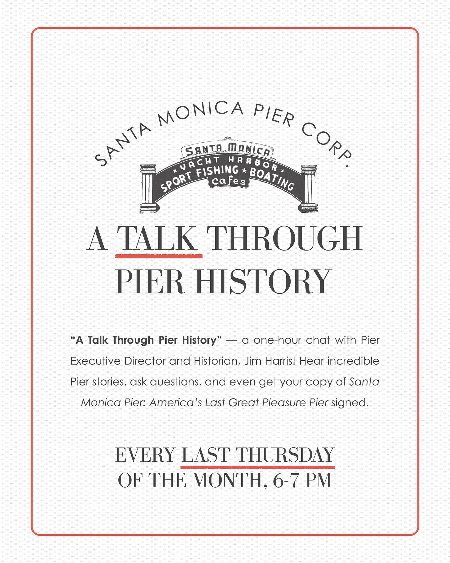 Ever wonder what stories hide behind these Pier moments? 📸 Discover the history you can&rsquo;t see in the photos.

A Talk Through Pier History is a free event where we dive into the legacy of the Santa Monica Pier, from iconic landmarks to the peop