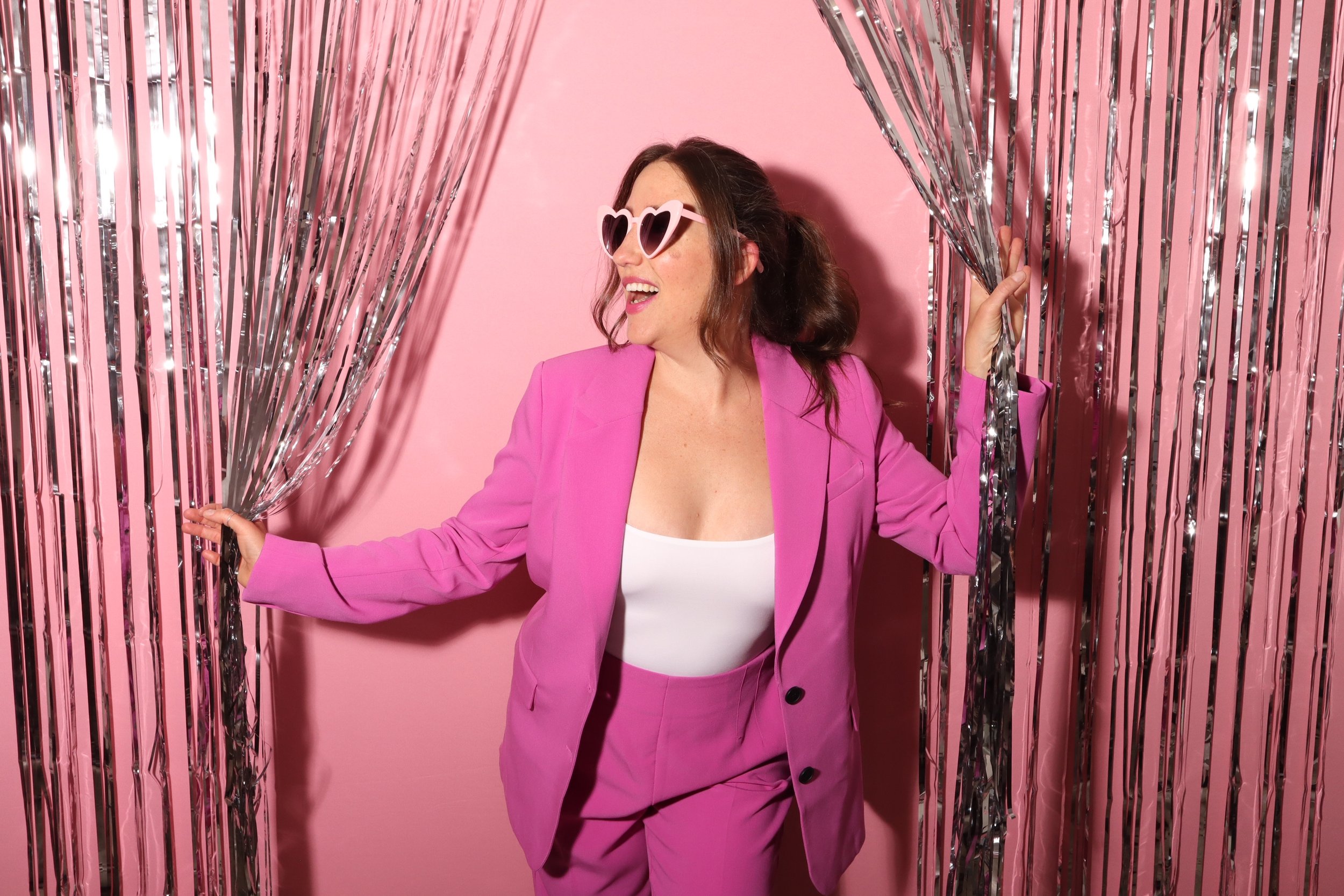 direct flash photo booth located in calgary, silver tinsel, watermelon coloured backdrop