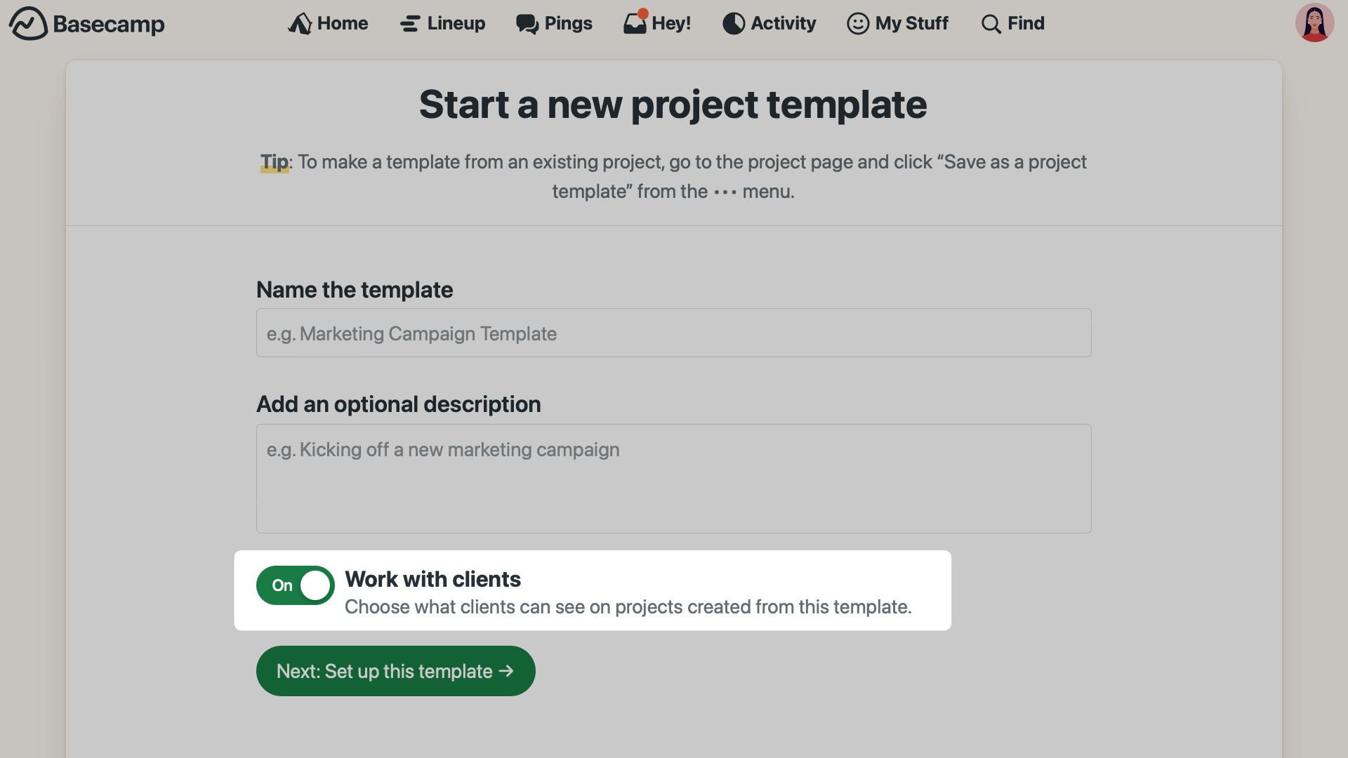 New in Basecamp: Set client access on templates