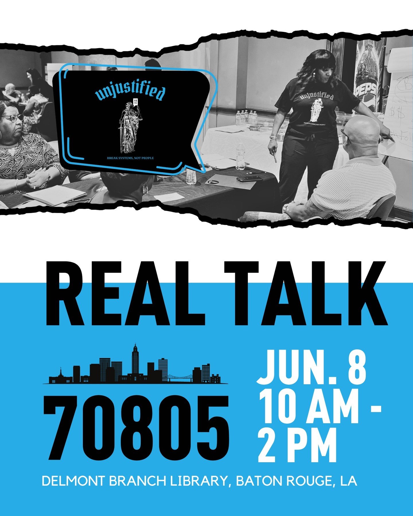 Join us for &ldquo;Real Talk 70805&rdquo;

📍 Delmont Branch Library 📅 Saturday, June 8 🕙 10am - 2pm

We'll discuss the impact of new bills, the harms our community faces and uncover the truth behind the tough-on-crime narrative that's masking the 