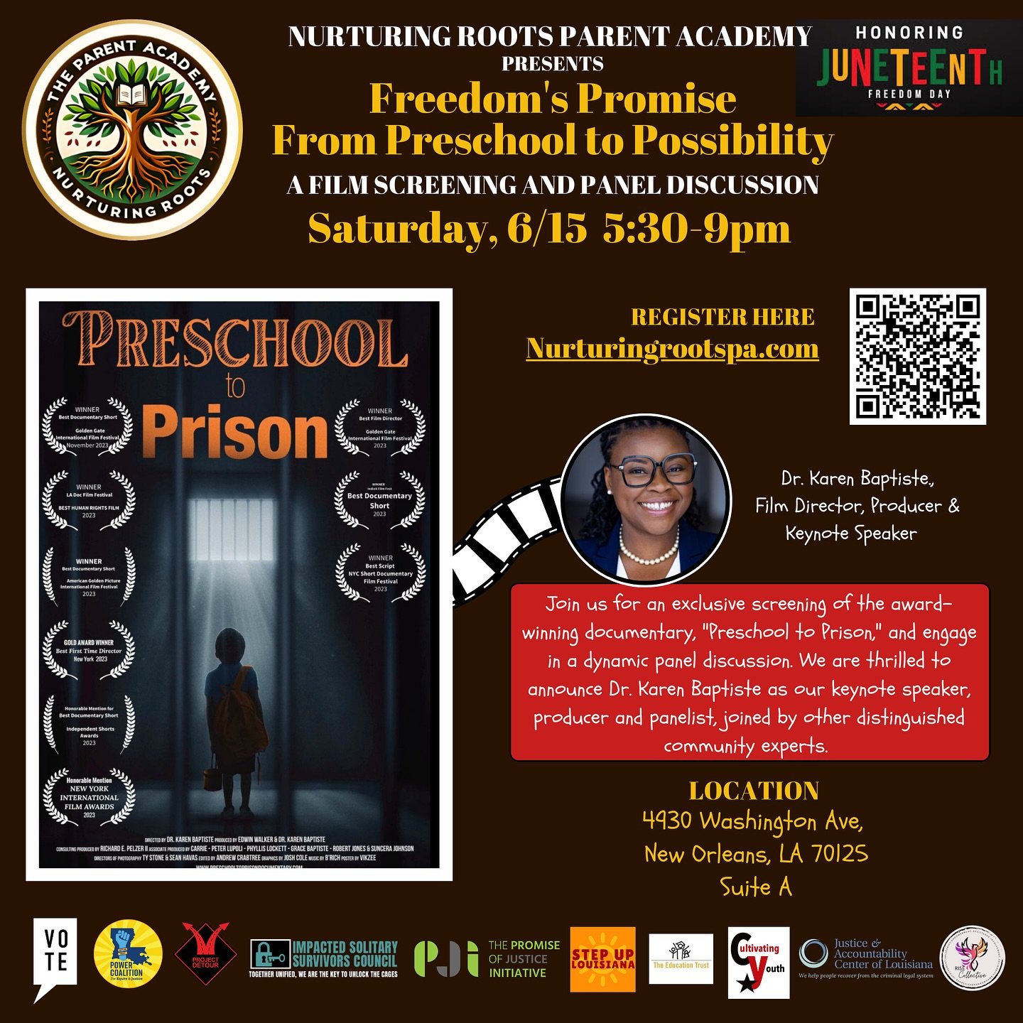 Join Nurturing Roots Parent Academy at VOTE HQ on Saturday, June 15th for a fundraiser screening of the award-winning &ldquo;Preschool to Prison&rdquo; documentary. 
&nbsp;
The screening will be followed by a panel discussion with Director &amp; Prod